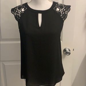 Black Express Blouse with Lace Cap Sleeves and Open Back